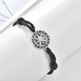 KINGWHYTE Viking Bracelet 925 Sterling Sliver Vegvisir Campass Odin Norse Vikings Runes Amulet Vintage With Black Bracelet unisex for Men Women Boys