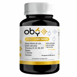 OBY Melena de Leon, Curcuma, L Tirosina, Bacopa, Cafeina y Vitaminas  Nootroby Mind suplemento alimenticio natural 60 capsulas de 600 mg              