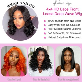 Loose Deep Wave Lace Front Bob Wigs 100% Human Hair Pre Plucked Pre Cut Body Wave 4x4 Transparent Lace Closure Wigs Wear and Go Glueless Wig for Black Women Body Wavy Curly Wig Natural Color 14 Inch