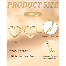 LOZTBUE 2 pieces heart-shaped hoop earrings, 925 silver, women, girls, 14 K small earrings, gold earrings, heart-shaped hoop earrings, rose gold earrings, silver women's earrings, 16 mm