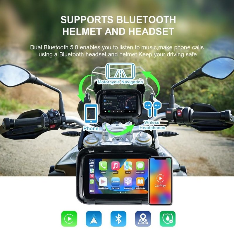 Sunweyer Portable Carplay Wireless Android Auto for Motorcycle,5 Inch IPX7