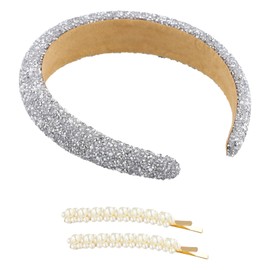 Dokpav Glitter Crystal Rhinestone Headband, Sparkly HeadWide Thick Hairbands with 2 Pearl Hair Clips, Girls Fashion Hair Accessories for Women Bridal Wedding Birthday Party Holiday Daily Use