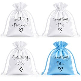 Sunnymove 4 Pcs Wedding Satin Gift Bags, 4x6 Inch Something Old Something New Some Thing Borrowed Blue Jewelry Pouches for Wedding Bridal Party Favors