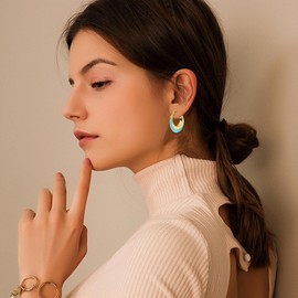 TaYolnFaSo Teal Enamel Hoop Earrings for Women Chunky Gold Enamel Earrings Stainless Steel Light Blue Enamel Earrings Jewelry Gift for Wife Daughter