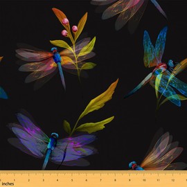 Wild Dragonfly Decorative Fabric by The Yard 3D Purple Blue Gradient Animal Indoor Outdoor Upholstery Fabric Green Leaves Pink Flower Plant Fabric for Quilting Sewing Arts DIY Craft,1 Yard