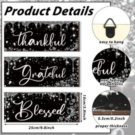 Wenqik 3 Pcs Glitter Diamond Thankful Grateful Blessed Wall Decor Wooden Bathroom Wall Decor Black Silver Shiny Drips Wooden Hanging Wall Signs for Home Living Room Bathroom Laundry Office Decorations