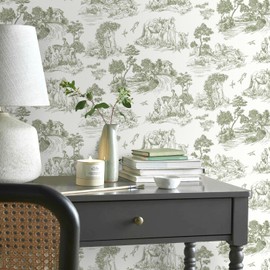 lenify Toile Wallpaper Peel and Stick Wallpaper Line Drawing Wallpaper 15.7inch x 196.8inch Green Vintage Wallpaper Country Life Self-Adhesive Removable Contact Paper for Bedroom Decorative Vinyl