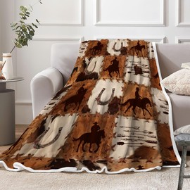 Dtekoj Western Cowboy Fleece Throw Blanket, Retro Farmhouse Cow Sherpa Blanket West Country Cow Print Blanket for Bed Brown, Warm Cozy Bedrooms Living Rooms Travel Camping Blanket