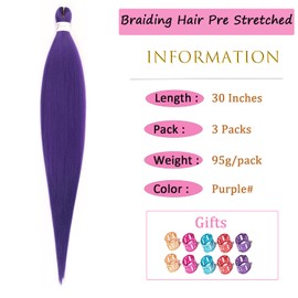 Purple Braiding Hair Pre stretched 30 Inch 3 Packs Pre stretched Braiding Hair Yaki Texture Synthetic Hair Extension Itch Free Hot Water Setting(30", Purple#,3Packs)