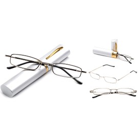 2 Packs - Pocket Readers Tube Reader in Case Silver Reading Glasses +3.25