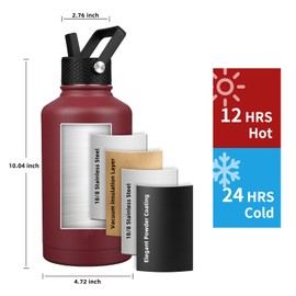 YONICOER Insulated Water Bottle 64oz,Triple Wall Vacuum Stainless Steel(Dishwasher Safe),Leak Proof & Non-BPA,Flask Jug with Paracord Handle & Straw Spout Lids Sports Red