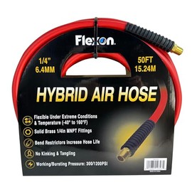 Flexon 1/4" x 50 ft Hybrid Air Hose – Flexible Polymer Construction, Solid Brass MNPT Fittings, Kink Resistant, Tangle Free, Burst Pressure 1200 PSI, Temperature Range -40°F to 160°F