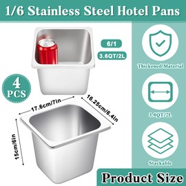 Jinei 1/6 Size 6'' Deep Hotel Pan Stainless 201 Steel Steam Table Pan Storage Catering Metal Pan Commercial Food Pans for Kitchen Restaurant Buffet Party Supplies (4 Pcs)