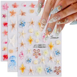 5D Embossed Nail Stickers Ocean Nail Decals Cute Starfish Shell Nail Stickers for Nail Art Summer DIY Self-Adhesive Handmade Nails Supplies Hawaii Accessories for Women Girls 3 Sheets