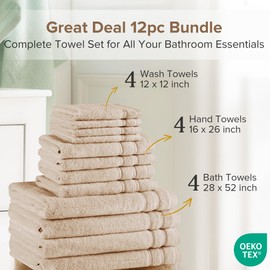 Comfort Spaces Bathroom Towel Set of 12 Piece Luxury Bath Towel Set 4 Hand Towel for Bathroom 4 Washcloth 4 Large Bath Towel Sets 100% Cotton Quick Dry Towel Zero Twist Soft Lightweight Beige Tan