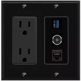 Wall Plate City [3 Ports] CAT6 TOSLINK USB-3 Black Wall Plate with 15A Power Outlet