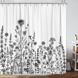 GOAOK Vintage Boho Shower Curtain Black and White Theme, Floral Aesthetic Dark Wildflower Botanical Flowers Shower Curtain for Bathroom with Hook, Farmhouse Plant Art Chic Shower Curtain 72X72