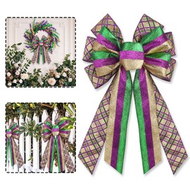 Habbiful Mardi Gras Bow for Wreath, Mardi Gras Wreath Bow New Orleans Bow for Front Door Glitter Green Purple Gold Stripes Bow Fat Tuesday Plaid Bow for Mardi Gras Carnival Decoration