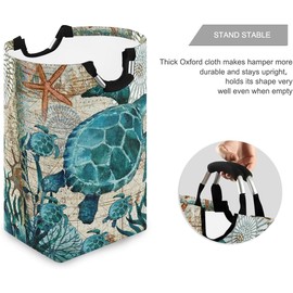 Vintage Ocean Sea Turtle Starfish Map Collapsible Laundry Basket 70L Foldable Hamper with Handles, Portable Washable Laundry Bag for Bedroom, Bathroom, Nursery Room