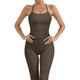 SUUKSESS Women 2 Piece Workout Sets Compression Tummy Control Leggings with Pockets Halter Built in Bra Tank Tops Sports Bra Scrunch Booty Lting Yoga Pants (Brown, M)