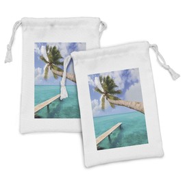 Lunarable Beach Fabric Pouch Set of 2, Palm Tree Bend over Tropical Beach Clear Ocean Jetty Landmark Picture Print, Small Drawstring Bag for Toiletries Masks and Favors, 9" x 6", Aqua Blue Green