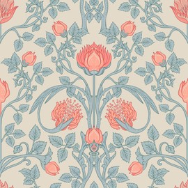 VEELIKE Retro Art Nouveau William Morris Wallpaper Peel and Stick Beige Vintage Floral Wallpaper for Bedroom Bathroom 17.7''x354'' Removable Art Deco Wall Paper Foral Contact Paper for Cabinets Walls