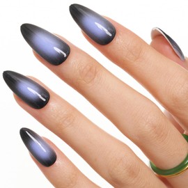 GLAMERMAID Black White Ombre Press on Nails Medium Almond, Purple Aurora Fake Crush Nail, Glossy Gel Glue on Nails Short Oval Stick on Blush Nail Set, Glitter Acrylic Stiletto False Nail Kit for Women