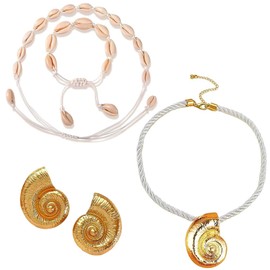 FeiOne Set of 4 Shell Necklaces, Earrings, Shell Necklace Bracelet Set, Adjustable Bracelet, Textured Earrings in Ocean Style, for Women and Girls, Summer Beach Holiday Jewellery, Zinc, Shell necklace