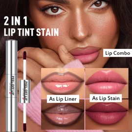 Wugbc Peel Off Lip Stain Double Head 2 Colors, Matte Lip Liner Stain Marker Long Lasting Waterproof Liquid Lipstick Tattoo Lip Gloss Non-Stick Cup Pink Nude Brown Lip Stain Tint Makeup, #03