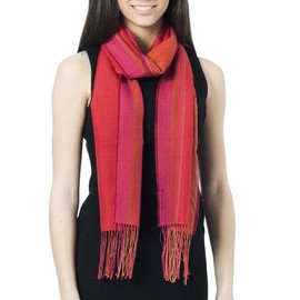 NOVICA Artisan Handmade Alpaca Blend Scarf in Paprika Carrot from Peru Wool Cotton Accessories Scarves Red Orange Wrap Stripedpatterned Woven ' Rioja Flavor'