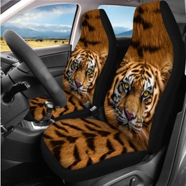 DBBXHZJY 14 Pcs Tiger Print Car Seat Cover Set Auto Steering Wheel Cover Armrest Cushion Head Rest Protector Seat Belt Covers,Animal Print Yellow Automotive Interior Sets Unverisal Fit Cars SUV Turcks