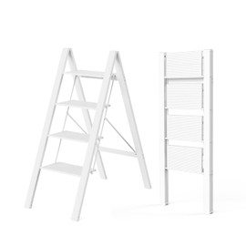 WOA WOA 4 Step Ladder, Foldable Step Stool, Aluminum Lightweight Ladder for Home Kitchen Closet, Anti-Slip Pedals, Ease of Folding, Portable, 300lbs Capacity - White