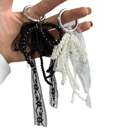 88flix Keychain, Cute, Sukuba, Korean Charm, Y2K Pearl, Ribbon, Women's, Heart, Gift, Silver, Free size