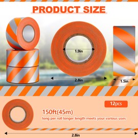 Pushglossy 12 Rolls Trail Marking Flagging Orange Reflective Tape Non Adhesive Plastic Ribbon with Silver Strip PVC Caution Tape Roll for Hunting Hiking Boundaries Hazardous Areas Marking (1.5"x 150')