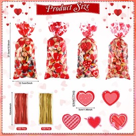 100 Pcs Valentine Cellophane Treat Bags with 50 Pcs Heart Shape Gift Tags and 200 Pcs Twist Ties Plastic Valentine Goodie Candy Bags Gift Bags Valentine Favor Bags for Valentine's Day Party Supplies