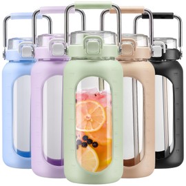 BLUEGO 64oz Water Bottle Glass with Stainless Steel Handle Large Water Bottle with Time Markers and Silicone Sleeve Half Gallon Water Jug BPA Free for Gym Daily Use, Light Green