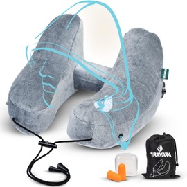 TRAVARA Neck Pillow Airplane - Inflatable Travel Pillow - Neck Pillow Airplane - Travel Neck Pillow - Airplane Pillow - Neck Support - Travel Pillow for Sleeping - Travel Pillows for Airplanes