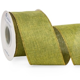 Ribbli Metallic Sage Green Linen Wired Ribbon,2-1/2 Inch x Continuous 10 Yard,Sage Burlap Ribbon with Gold Edge,Christmas Ribbon for Wreaths,Big Bow,Gift Wrapping, Christmas Tree Decoration