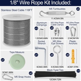 phepetroll 1/8" Wire Rope Kit 118FT Stainless Steel Aircraft Cable with M5 Turnbuckles, 7x7 Strand Core Vinyl Coated Guy Wire Tensioner Kit for Garden String Light, Pictuer, Clothes, Curtain Hanging