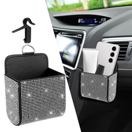 HQRNYP Car Vent Storage Organizer, Coin Holder for Car, Rhinestone Auto Vent Leather Pocket, Universal Car Accessories Bling Automotive Pouch Box with Hook Fit for Sunglasses, Key, Coin (White)