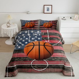 Feelyou Basketball Bedding Set Basketball Sport Twin Size Comforter Set for Kids Boys Girls Teens Toddler American Flag Duvet Set Sports Theme Quilt Set 2Pcs