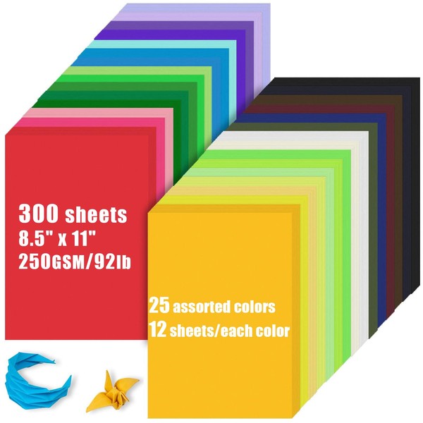 Colored Cardstock Bulk 300 sheets, 8.5” x 11” Cardstock Paper 25 Assorted Colors Construction Paper,250 GSM Card Stock Printer Paper Scrapbooking Supplies for Diy Crafts Cricut Card Making