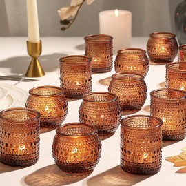 36pcs Amber Votive Candle Holders, 2x2.5in Glass Tea Lights Candle Holders for Table Centerpiece for Home Decor Party Fall Boho Decor (Amber)