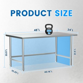 Treshin Open Base Stainless Steel Table 24" X 48", Commercial Heavy Duty Prep & Work Table for Kitchen, Restaurant, Home, Hotel, Laundry