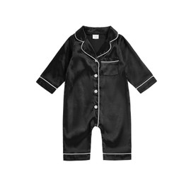 MAINESAKA Newborn Baby Girl Boy One Piece Pajama Romper Sleep Jumpsuit Silk Satin Long Sleeve Button Down Pjs Sleepwear (A-Black, 0-3 Months)