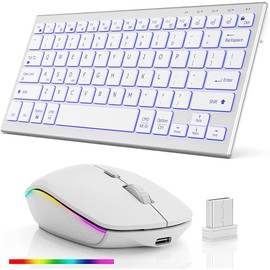 Wireless Bluetooth Keyboard and Mouse Combo - RGB Backlit,Multi-Device Rechargeable & Light Up Letters,Quiet Keyboard Mouse for Mac, Windows, Laptop, PC (White)