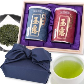 High Quality Yame Tea Gift 2 Types Wooden Box Furoshiki Yame Gyokuro Kinnokaku 3.5 oz (100 g) Ginnokaku 3.5 oz (100 g) Iwasakien Seisha Kyushu Fukuoka Yame Gyokuro 100% Tea Gift Tea Set