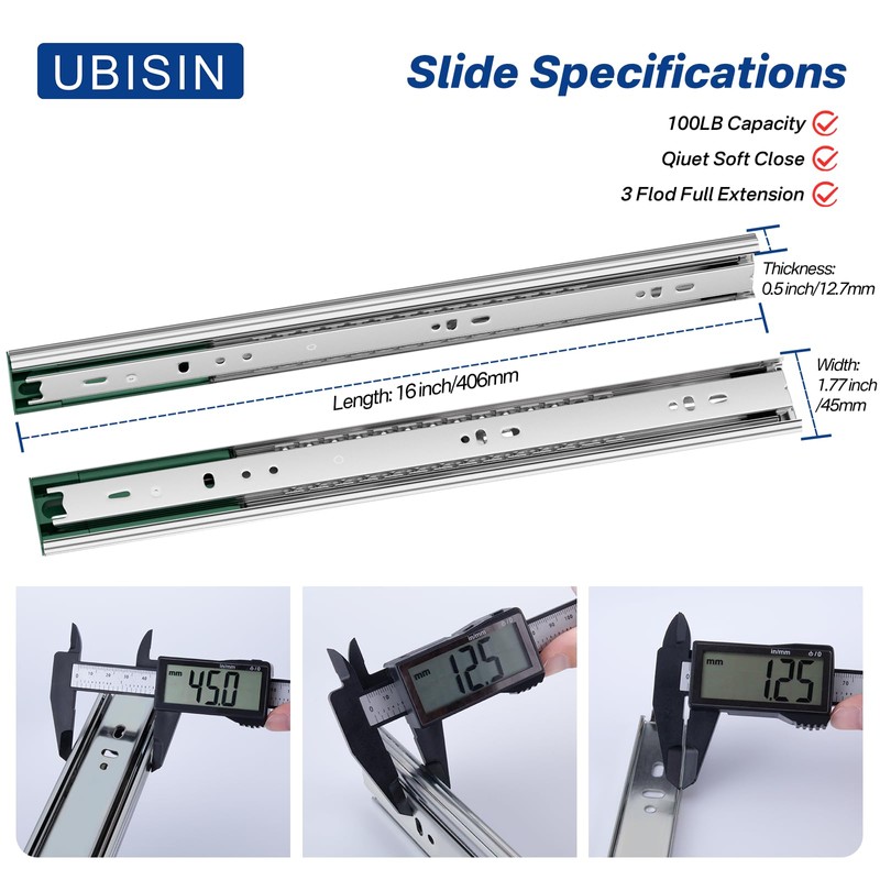 Ubisin 4 Pairs Soft Close Drawer Slides 16 Inch Full
