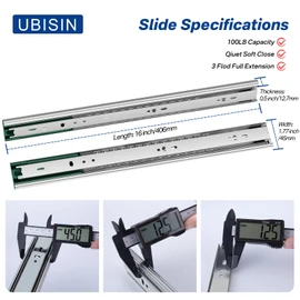 Ubisin 4 Pairs Soft Close Drawer Slides 16 Inch Full Extension Dresser Rails Heavy Duty Ball Bearing Kitchen Cabinet Drawer Glides Side Mount Tool Box Trash Can Runners 100 LB Capacity