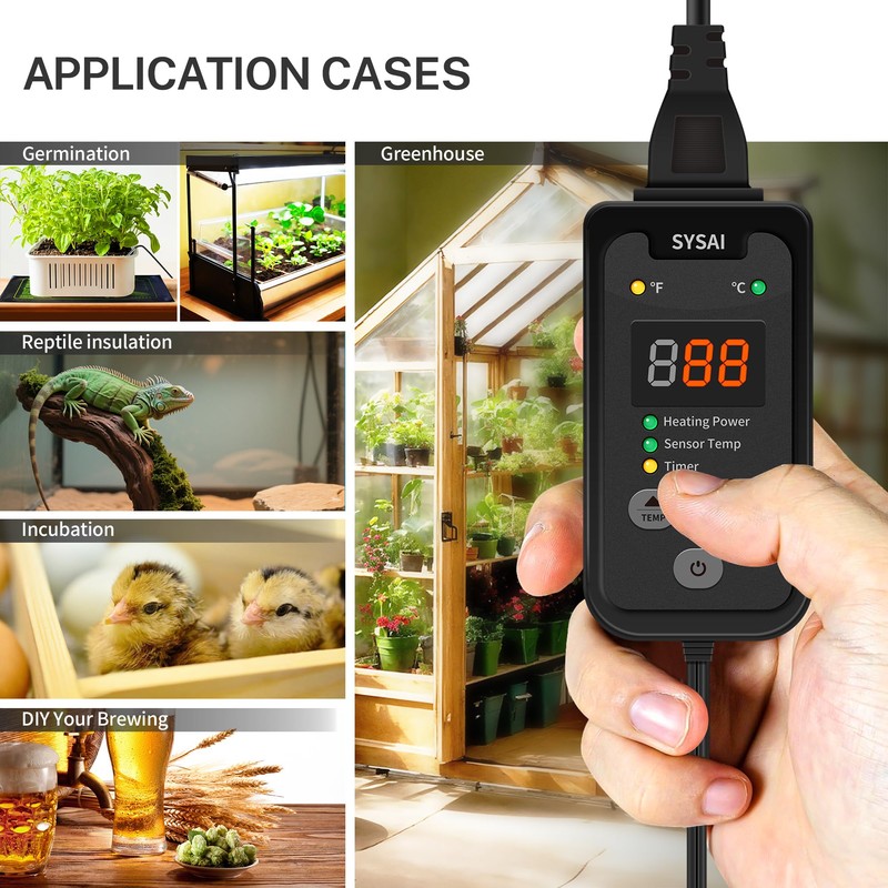 SYSAI Temperature Controller for Reptile Tank, Heat Mat, Seed Germination,